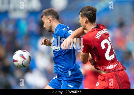 17 settembre 2023; Coliseum Alfonso Pérez, Getafe, Spagna, spagnolo la Liga calcio, Getafe contro Osasuna; Mayoral e Hernando Foto Stock