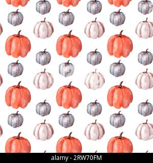 Zucche autunnali. Ideale per l'autunno, il Ringraziamento, le vacanze, i tessuti e i tessuti. Pattern ad acquerello senza cuciture. Foto Stock