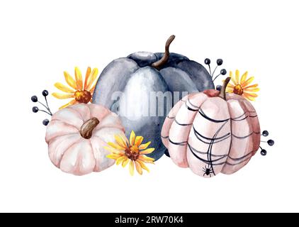 Composizione delle loro zucche colorate di Halloween. Vacanze autunnali. Banner per Halloween. Foto Stock