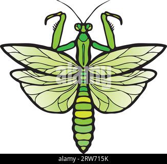 mantis stilizzati simmetrici e intricati nelle sfumature del verde trae ispirazione dall'Art Nouveau e dalle vetrate gotiche. Illustrazione Vettoriale