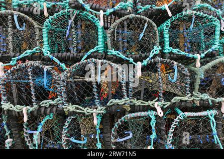 Colored Lobster Pots, Staithes, North Yorkshire, Regno Unito Foto Stock