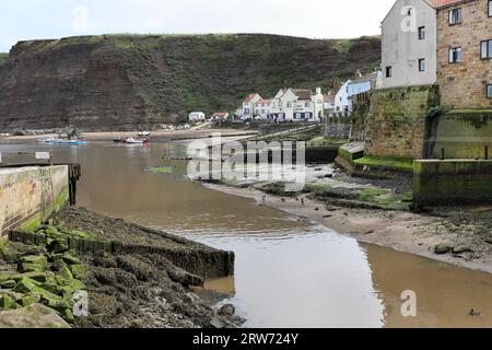 Staithes Harbour e The Cod and Lobster Pub, North Yorkshire, Regno Unito Foto Stock
