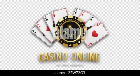 Casinò online. Giocando realisticamente con il nome del chip e giocando a carte ACE di tutti i seme. Gettone da gioco con picche di abiti. Banner per l'applicazione Web o il sito Web. Concetto p Illustrazione Vettoriale