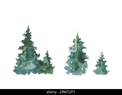 Set di alberi di Natale acquerelli. Alberi di Natale dipinti a mano su sfondo bianco. Illustrazione natalizia per design, stampa, tessuto o sfondo. Alberi Foto Stock