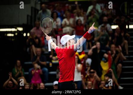 Hasselt, Belgio. 17 settembre 2023. Il belga Joris De Loore celebra la vittoria della partita di tennis tra il belga De Loore e Uzbek Sultanov, la quarta partita nel primo turno del girone del mondo di Coppa Davis tra Belgio e Uzbekistan, domenica 17 settembre 2023, ad Hasselt. BELGA PHOTO JASPER JACOBS Credit: Belga News Agency/Alamy Live News Foto Stock