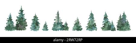 Set di alberi di Natale acquerelli. Alberi di Natale dipinti a mano su sfondo bianco. Illustrazione natalizia per design, stampa, tessuto o sfondo. Alberi Foto Stock