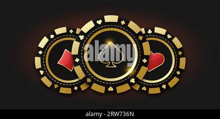 Moneta da gioco con picche di abiti. Trio di gettoni gettoni o gettoni. Chip da gioco realistico con la tuta di picche al centro, gettoni da gioco. BA Illustrazione Vettoriale