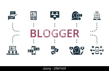 Set blogger. Icone creative: Blog, profilo, follower, vlog, live streaming, abbonati, chat, contenuti, influencer, monetizzazione. Illustrazione Vettoriale