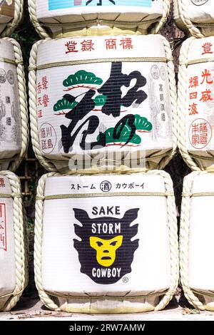 Pile di colorate botti di sake giapponesi donate dai distillatori all'ingresso sud del Meiji Jingu, situato all'interno di una foresta di 170 acri, a Shibuya, Tokyo, Giappone. Il santuario shintoista è dedicato agli spiriti dell'imperatore Meiji e di sua moglie, l'imperatrice Shoken. Foto Stock