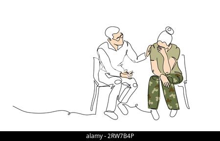 terapia con ptsd, illustrazione del vettore di trattamento con disturbo da stress post-traumatico. Veterana donna, soldato e psicoterapeuta. Una linea continua Illustrazione Vettoriale