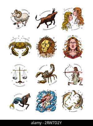 Segni di costellazione zodiacale. Simboli astrologici. Illustrazioni di oroscopo. Personaggi magici femminili, design Boho. Disegno a mano inciso vecchio monocromatico Illustrazione Vettoriale
