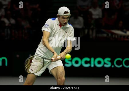 Manchester, Regno Unito. 17 settembre 2023. Ugo Humbert (fra) in azione nel suo match contro Cameron Norrie (GBR) durante la partita di Coppa Davis Great Britain vs France a Manchester AO Arena, Manchester, Regno Unito, 17 settembre 2023 (foto di Conor Molloy/News Images) a Manchester, Regno Unito il 17 settembre 2023. (Foto di Conor Molloy/News Images/Sipa USA) credito: SIPA USA/Alamy Live News Foto Stock