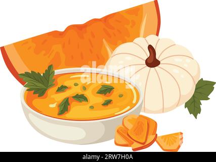 Zuppa di zucca di composizione autunnale. Illustrazione Vettoriale