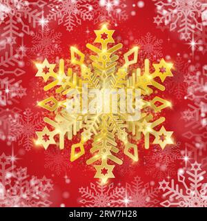 Un fiocco di neve dorato con splendore e scintille su uno sfondo rosso innevato. Illustrazione Vettoriale