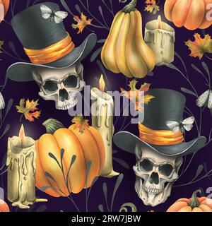 Teschi umani in cappello nero con zucche arancioni, falena, candele e foglie d'acero autunnale. Illustrazione ad acquerello disegnata a mano per Halloween. Senza interruzioni Foto Stock