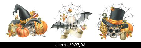 Teschi umani in cappelli con ali di pipistrello, zucche, foglie autunnali e candele. Illustrazione ad acquerello disegnata a mano per Halloween. Set di diversi Foto Stock
