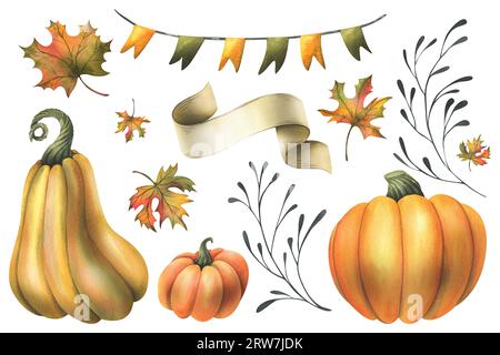Zucche autunnali arancioni con foglie di acero, bandiere garland, ramoscelli e modello bianco per rotolo di carta per testo. Illustrazione acquerello, disegnata a mano. Set di Foto Stock