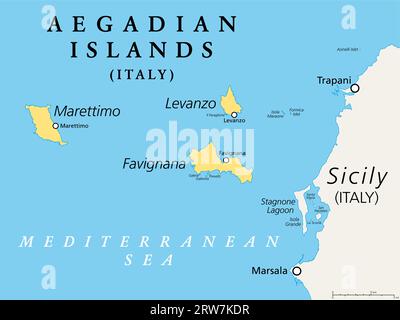 Isole Egadi, Favignana, Levanzo, Marettimo, mappa politica. Gruppo di 5 piccole isole montuose nel Mar Mediterraneo al largo della costa siciliana. Foto Stock