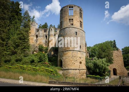 Le rovine medievali fatiscenti con il nome di "castello Beaufort" nella città di Beaufort, un castello che attrae molti turisti, il Lussemburgo Foto Stock