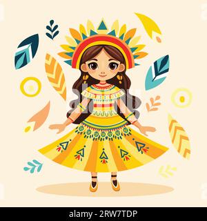 Simpatica ragazza in vibrante costume ispanico che celebra il mese del patrimonio ispanico - colorata illustrazione culturale. Illustrazione Vettoriale