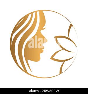 Logo Gold Beauty o Wellness Salon con viso donna e Fiore di loto Illustrazione Vettoriale