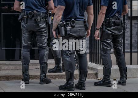Gli agenti di sicurezza della polizia si preparano ad entrare al numero 10 di Downing Street. Londra, Regno Unito Foto Stock