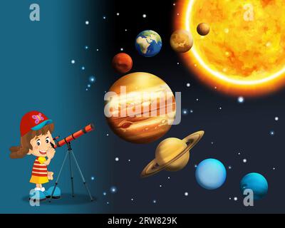 Cartoni animati divertente e colorata scena di un alieno cosmopolita ufo girl che impara a disegnare isolatamente per bambini Foto Stock