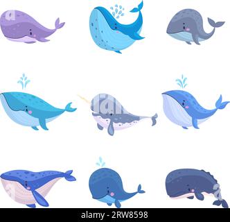 Le balene dei cartoni animati. Simpatici personaggi delle balene sottomarine, animali marini. Animale infantile isolato per adesivi, creature divertenti che oramai fanno il clipart vettoriale Illustrazione Vettoriale