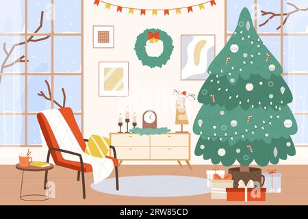 Interno del soggiorno dell'albero di Natale. Area per le vacanze invernali con finestra innevata. Confezioni regalo di Natale e decorazioni per Capodanno. Scenografia vettoriale dei cartoni animati Illustrazione Vettoriale