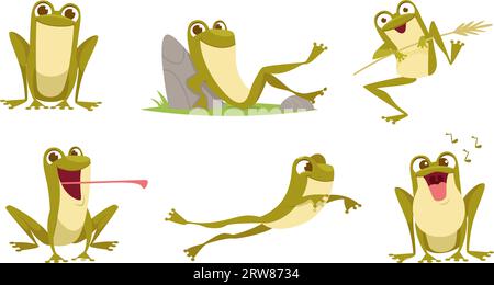 Frog. Il rospo carino in azione ti permette di saltare in maniera attiva la rana pigra Illustrazione Vettoriale