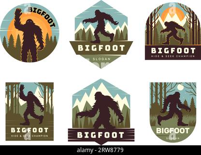 Logo Bigfoot. Badge per avventure concetti di viaggio con il personaggio bigfoot recente set di illustrazioni vettoriali con Place for text Illustrazione Vettoriale