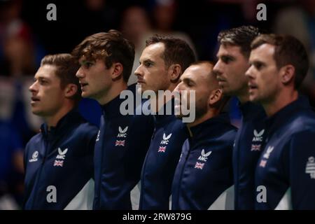 Manchester, Regno Unito. 17 settembre 2023. La squadra della Gran Bretagna all'inno nazionale prima della partita di Coppa Davis Gran Bretagna contro Francia a Manchester AO Arena, Manchester, Regno Unito, 17 settembre 2023 (foto di Conor Molloy/News Images) a Manchester, Regno Unito il 17 settembre 2023. (Foto di Conor Molloy/News Images/Sipa USA) credito: SIPA USA/Alamy Live News Foto Stock