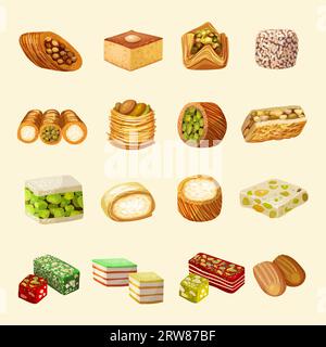 Dolci orientali. Baklava e rahat lakoum prodotti arabi tradizionali set di immagini vettoriali recenti Illustrazione Vettoriale