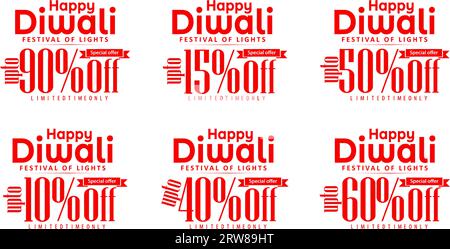 Happy Diwali offre un set di diversi tag di sconto percentuale su sfondo bianco. fino a 10, 90, 40, 60, 15, sconto del 50% sulle etichette di sconto, Illustrazione Vettoriale