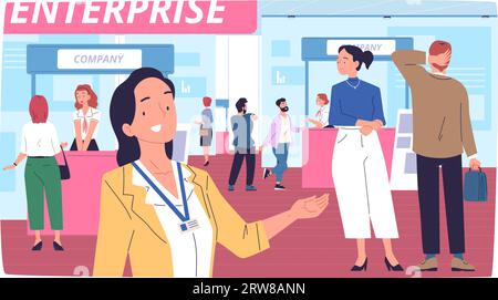 Visitatori di mostre d'affari. I clienti visitano la fiera del prodotto o la fiera del lavoro presso l'azienda, lo stand dedicato ai lavoratori con informazioni sul progetto, l'illustrazione vettoriale dell'evento fieristico Illustrazione Vettoriale