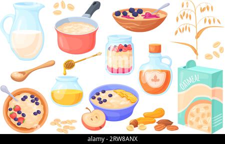 Ingredienti di farina d'avena. Scatola di porridge d'avena scaglie croccanti per una sana alimentazione a colazione, maturazione dell'avena secca, cereali con frutta, illustrazione vettoriale della farina d'avena da colazione, illustrazione dell'uvetta e delle noci Illustrazione Vettoriale