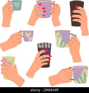 Collezione di mani con tazze, bicchieri, tazze e bevande diverse. Vettore di tazza caffè, tenendo e gestando illustrazione Illustrazione Vettoriale