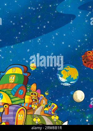 Cartoni animati divertente e colorata scena di un alieno cosmo galattico ufo, illustrazione isolata per bambini Foto Stock