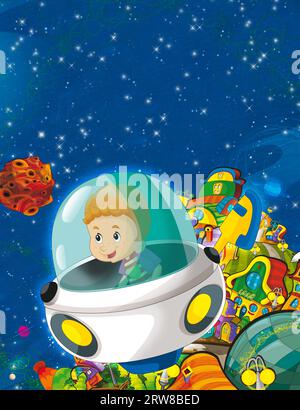 Cartoni animati divertente e colorata scena di un alieno cosmo galattico ufo, illustrazione isolata per bambini Foto Stock