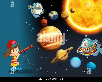 Cartoni animati divertente e colorata scena di un alieno cosmopolita ufo girl che impara a disegnare isolatamente per bambini Foto Stock