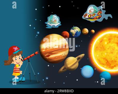 Cartoni animati divertente e colorata scena di un alieno cosmopolita ufo girl che impara a disegnare isolatamente per bambini Foto Stock