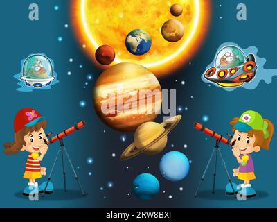 Cartoni animati divertente e colorata scena di un alieno cosmopolita ufo girl che impara a disegnare isolatamente per bambini Foto Stock