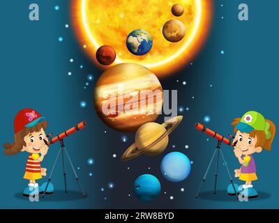 Cartoni animati divertente e colorata scena di un alieno cosmopolita ufo girl che impara a disegnare isolatamente per bambini Foto Stock