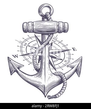 Ancora con corda e bussola nautica disegnata in stile incisivo. Disegnare l'illustrazione vettoriale vintage Illustrazione Vettoriale