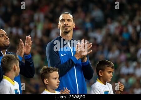 Lubiana, Slovenia. 15 settembre 2023. Zlatan Ibrahimovic è visto durante la partita di calcio di beneficenza Football Stars for Flood Victims in Slovenia. Le star del calcio si sono riunite allo Stadio Stozice per una partita di calcio di beneficenza per le vittime delle inondazioni in Slovenia. Le stelle erano divise in due squadre: Blu e rossa. Il punteggio finale è stato di 1:1 e dopo di che sono andati in rigore. La squadra blu ha vinto con un punteggio di 4:3. Il gioco ha raccolto circa 3, 5 milioni di euro per le vittime delle inondazioni. (Foto di Andrej Tarfila/SOPA Images/Sipa USA) credito: SIPA USA/Alamy Live News Foto Stock