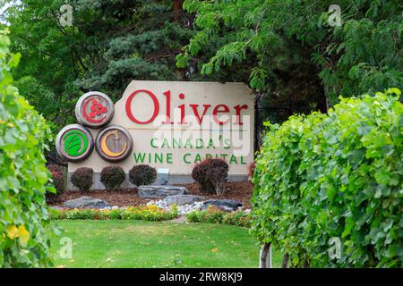 Oliver, British Columbia, Canada - 24 luglio 2023: Cartello "Canada's Wine Capital" sull'autostrada 97 all'ingresso della cittadina di Oliver, British Colu Foto Stock