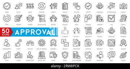 Set di icone di approvazione. Contenente Accept, Certified, THROMPERS UP, Agreement, Approve, icone di convalida, sigillatura approvata, conferma e decisione. Illustrazione Vettoriale