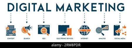 Banner di marketing digitale icona web concetto di illustrazione vettoriale con icona di contenuto, ricerca, seo, dispositivi elettronici, Internet, analisi Illustrazione Vettoriale