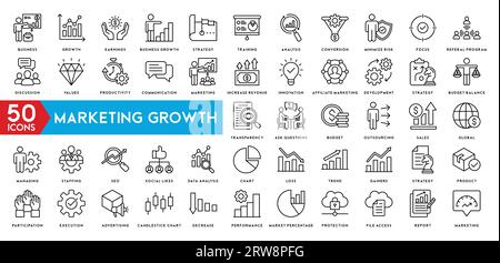 Icona di crescita del marketing insieme di icone Web in stile linea. Icone di marketing per le aziende. Comunicazione, pubblicità, e-commerce, seo, contenuti, prodotto Illustrazione Vettoriale