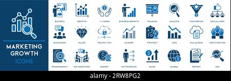 Icona di crescita del marketing insieme di icone Web in stile linea. Icone di marketing per le aziende. Comunicazione, pubblicità, e-commerce, seo, contenuti, prodotto Illustrazione Vettoriale